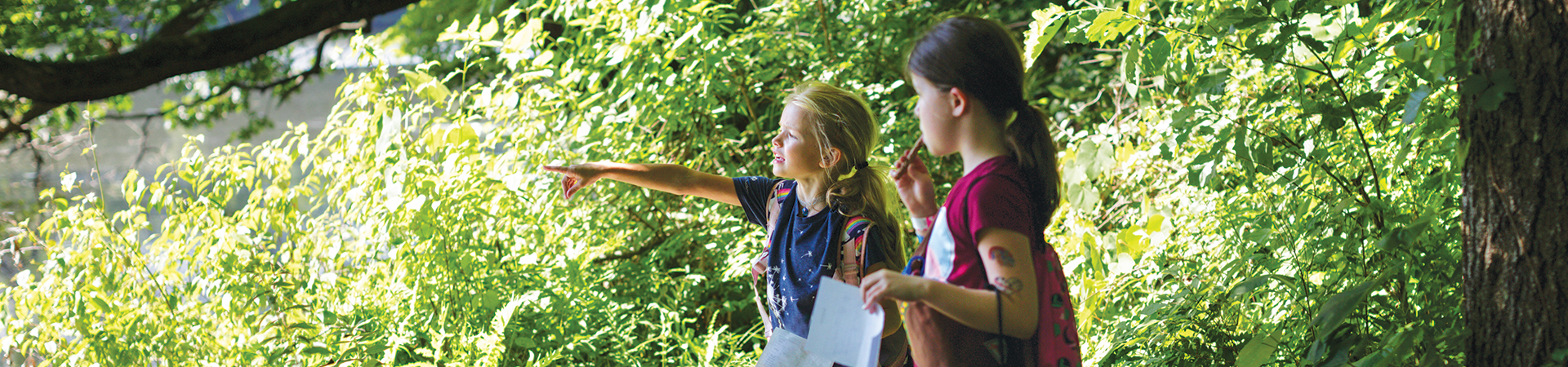  two girls walking in the woods. One is pointing  